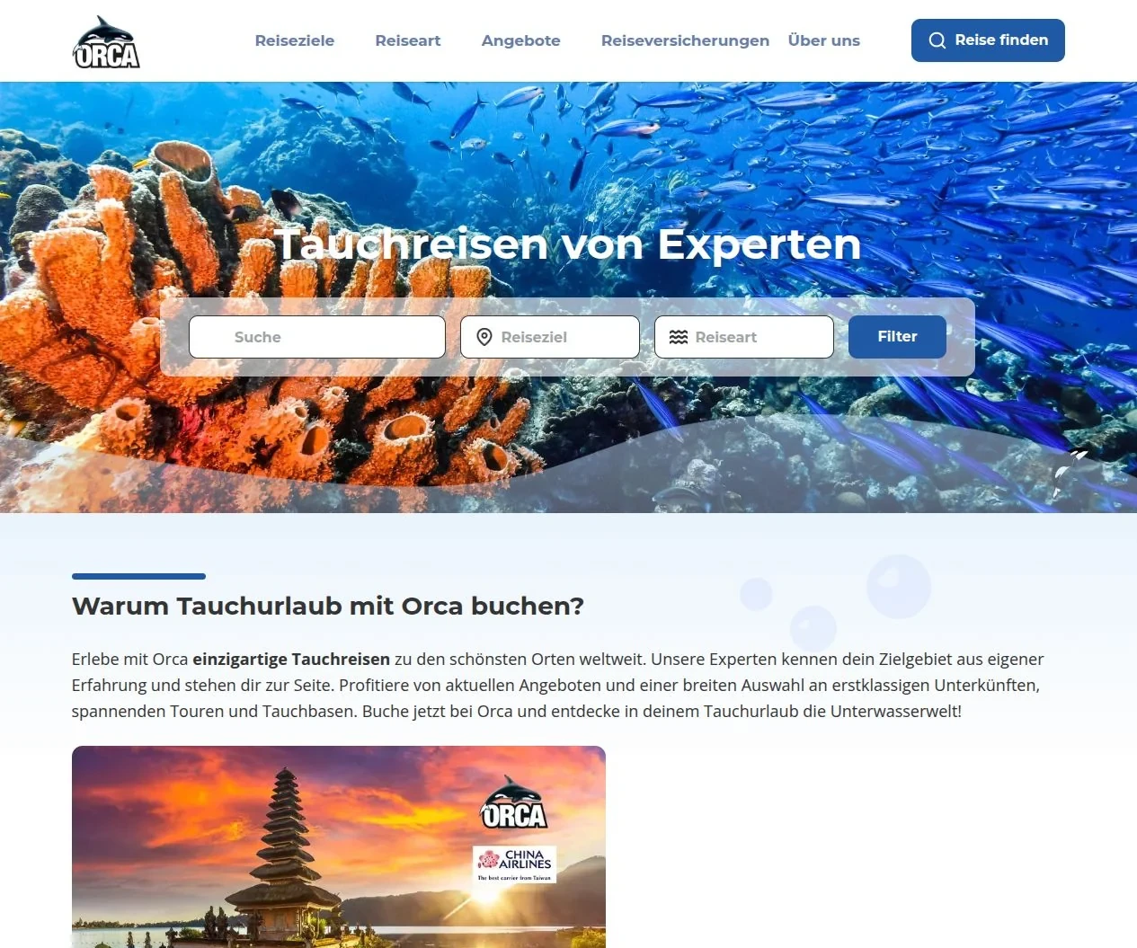 Orca-Website mit Unterwasserbild und Suche nach Tauchreisen
