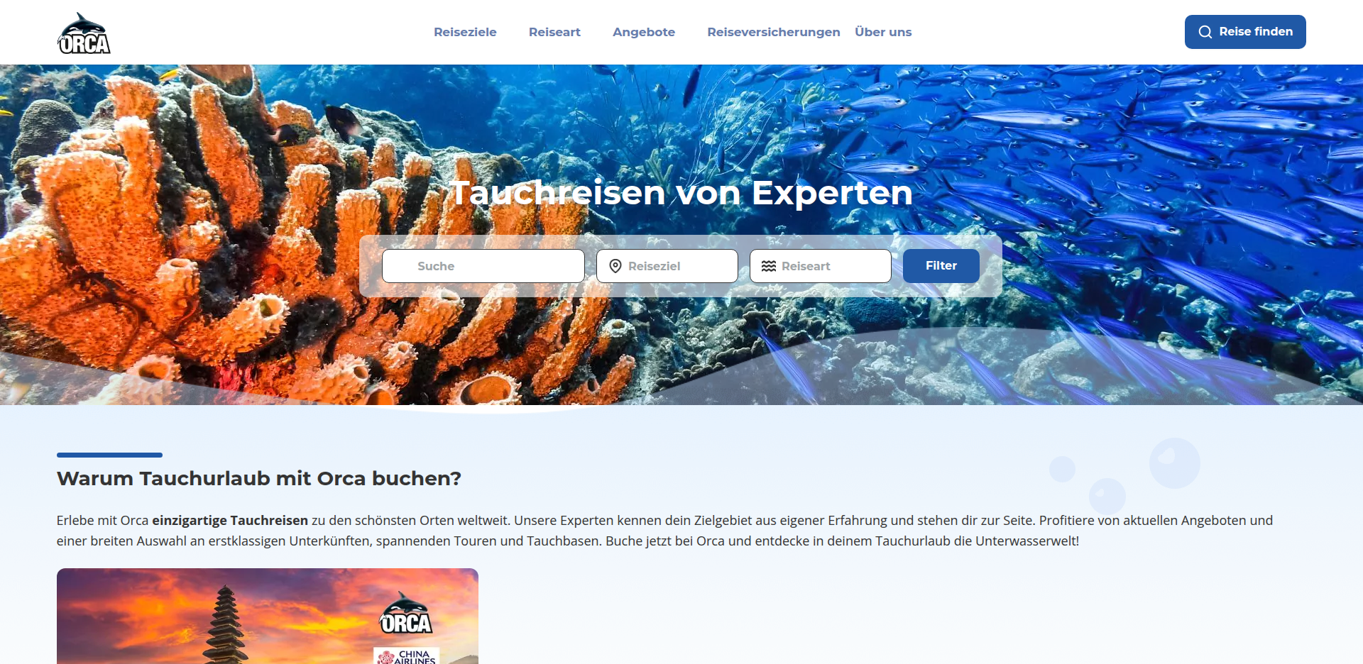 Orca-Startseite mit Navigation, Unterwasserbild und Tauchreise-Suche