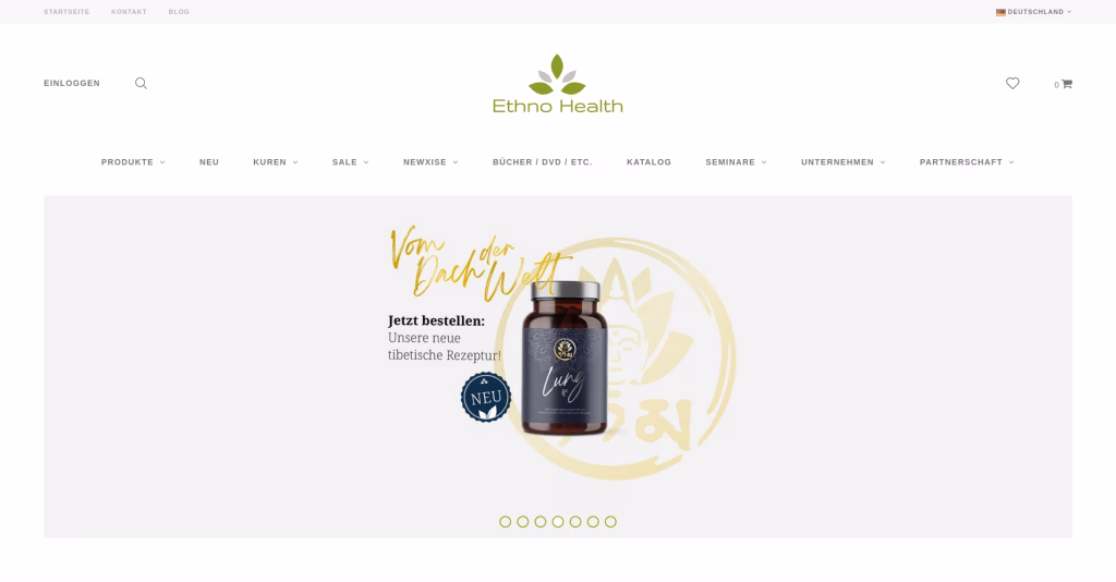 Frühere Shop-Startseite von Ethno Health mit Produktbanner und grünem Logo