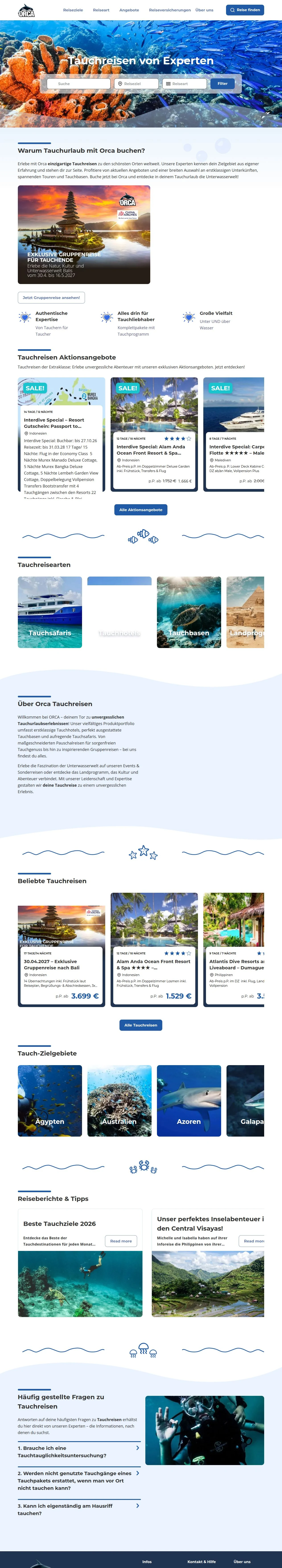 Orca website with an underwater image and a diving trip search
