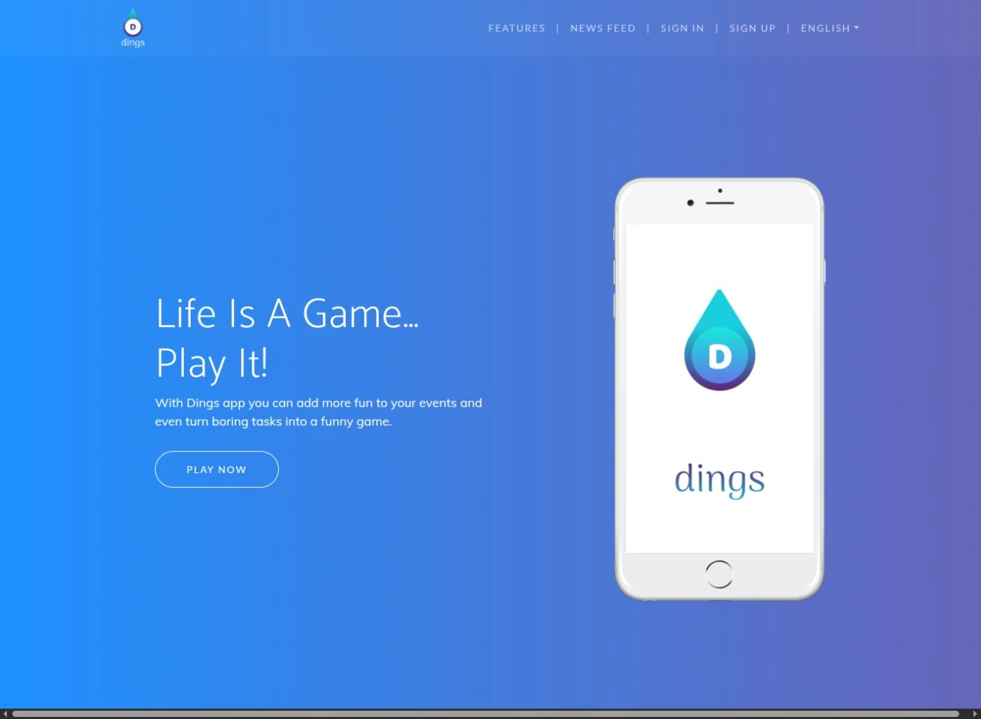 Startseite der Dings-App-Website