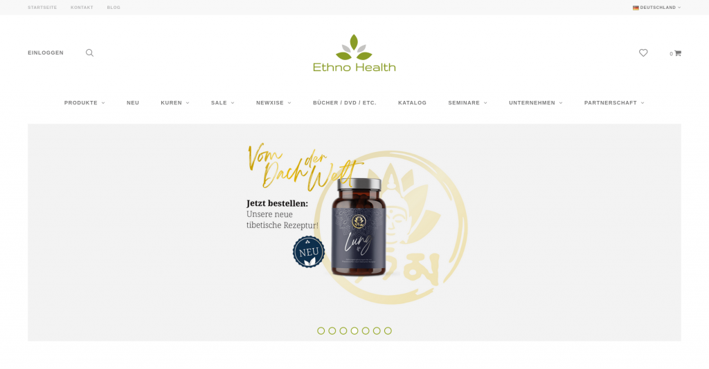Frühere Shop-Startseite von Ethno Health mit Produktbanner und grünem Logo