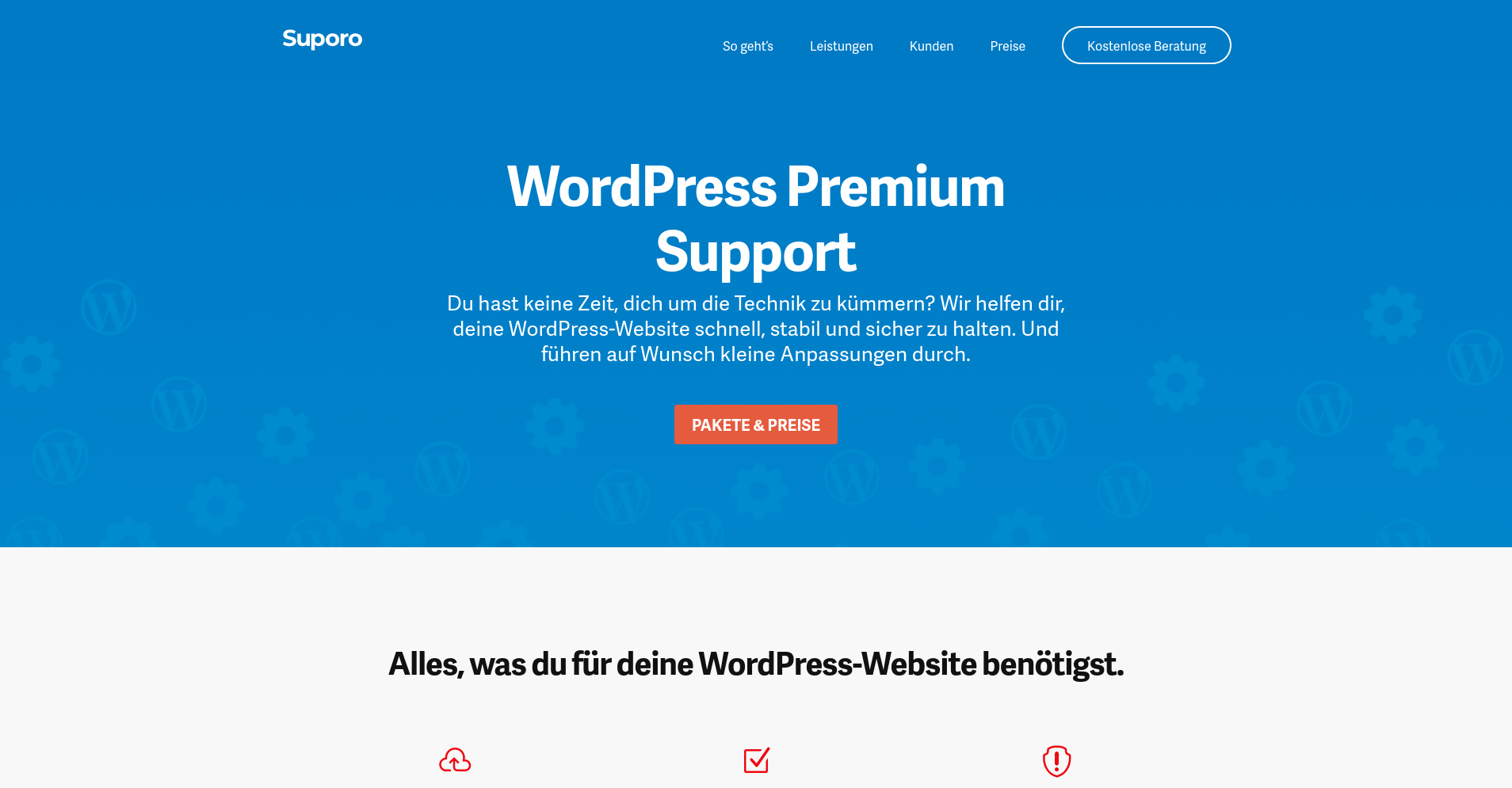 Frühere Suporo-Website mit blauem WordPress-Premium-Support-Bereich